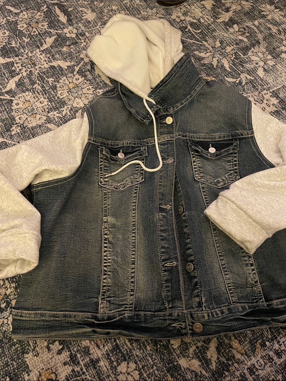Wallflower Denim Jacket with Cream Hood and Gray Sleeves